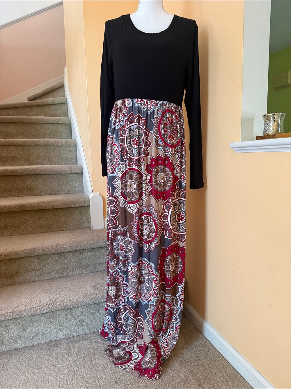 Black & Multicolor Floral Maxi Dress with Long Sleeves